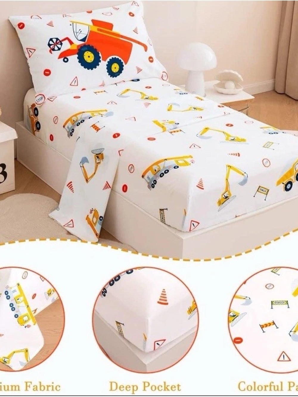 Construction Vehicles Kids Bedding Set - White with Orange, Yellow & Blue - Picture 4 of 8